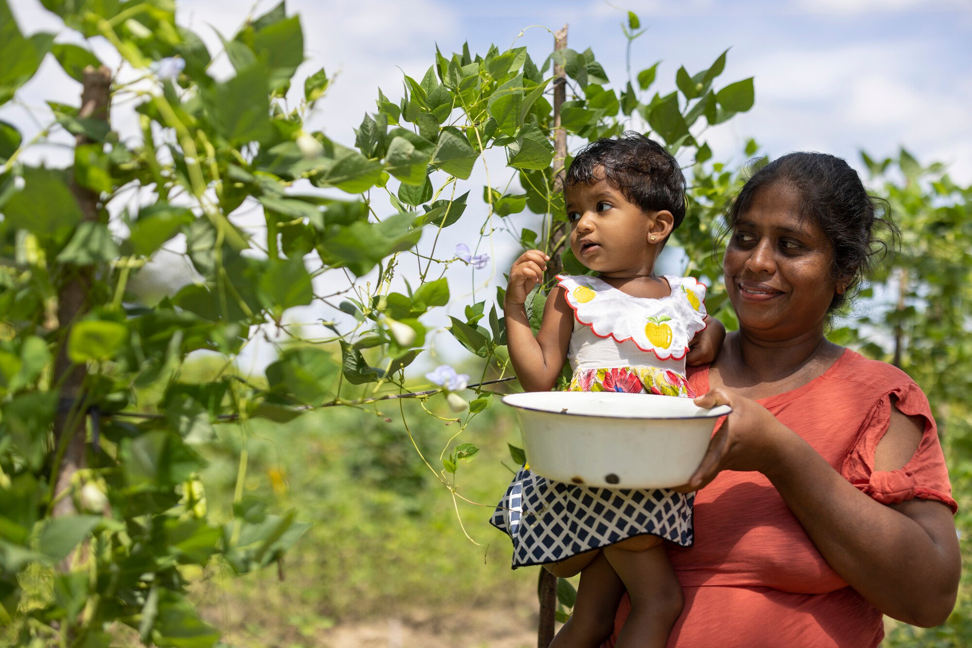 A smiling mother in a red dress holds her young daughter and a bowl while picking vegetables in a lush green farm.