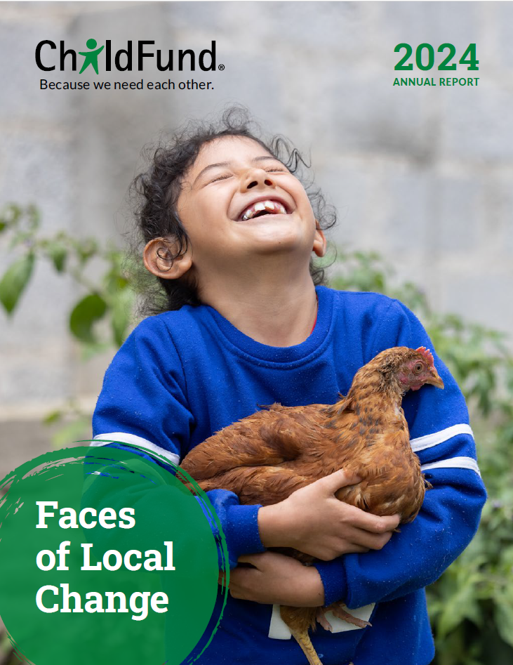 A smiling young girl in a blue sweatshirt holds a brown chicken, with "Faces of Local Change" and "2024 Annual Report" text overlayed.